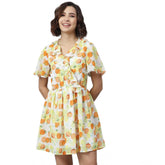Women's Polyester Printed Flutter Above Knee Dress (Yellow - Orange)